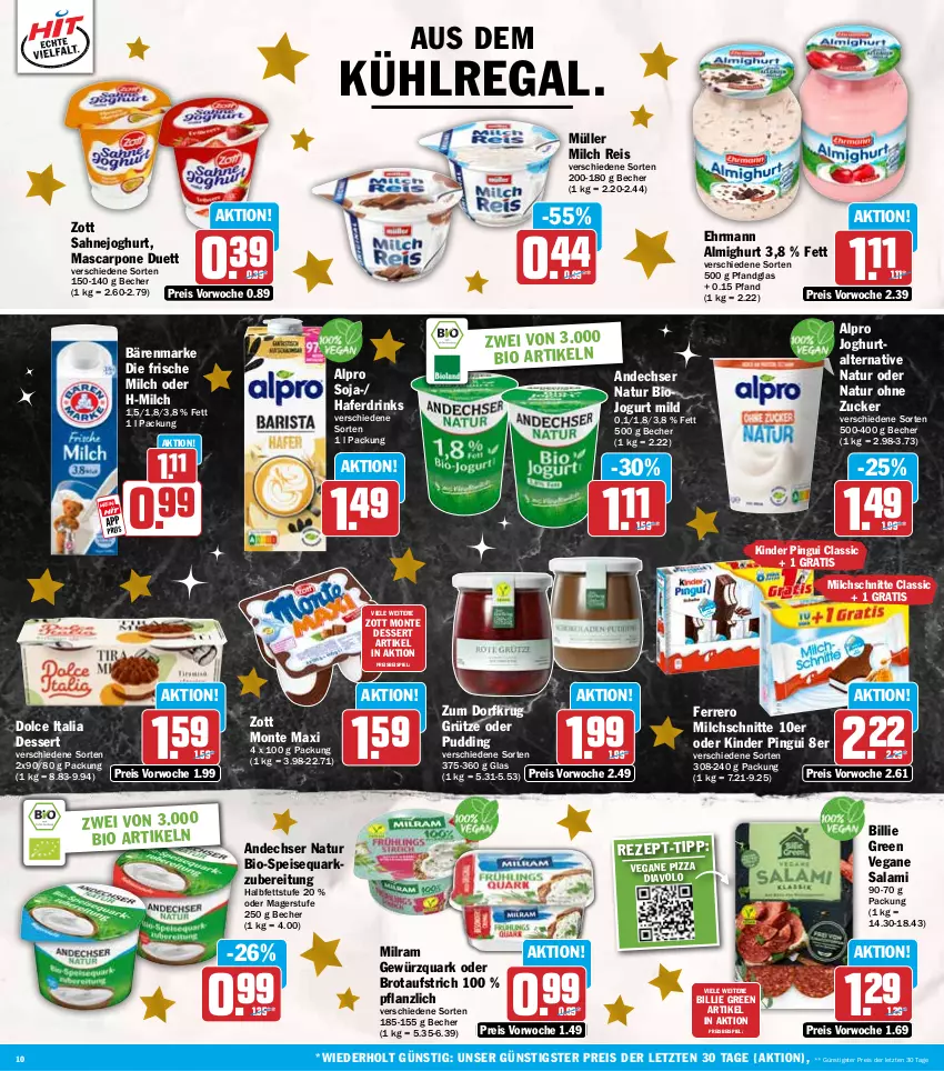Aktueller Prospekt Hit - Wochenprospekt - von 15.12 bis 20.12.2025 - strona 10 - produkty: almighur, almighurt, alpro, andechser natur, aufstrich, aus dem kühlregal, bärenmarke, Becher, bio, brot, brotaufstrich, dessert, drink, drinks, ehrmann, ehrmann almighurt, eis, ferrero, frische milch, gewürz, gewürzquark, grütze, hafer, Haferdrink, joghur, joghurt, jogurt, Kinder, kinder pingui, kühlregal, mascarpone, milch, Milchschnitte, milram, monte, Müller, natur, pingui, pizza, pudding, quark, regal, reis, sahne, Sahnejoghurt, salami, soja, speisequark, Ti, zott, Zott Monte, ZTE, zucker, Zum Dorfkrug