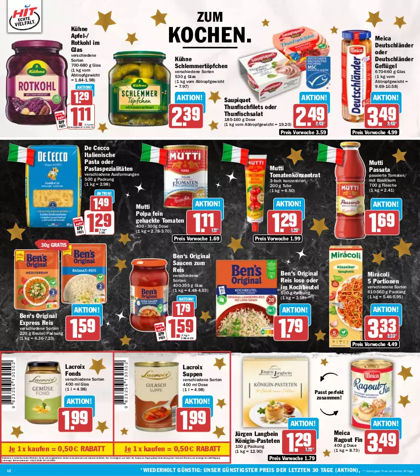 Aktueller Prospekt Hit - Wochenprospekt - von 15.12 bis 20.12.2025 - strona 12 - produkty: apfel, basilikum, beutel, Brei, De Cecco, ecco, eis, filet, filets, fisch, flasche, Geflügel, gin, italienische pasta, kochbeutel, Königin-Pasteten, Kühne, meica, Mirácoli, Mutti, pasta, pastete, Ragout, reis, rotkohl, salat, sauce, saucen, saupiquet, schlemmertöpfchen, Spezi, suppe, suppen, thunfisch, Thunfischsalat, Ti, tomate, tomaten, Töpfchen, ZTE