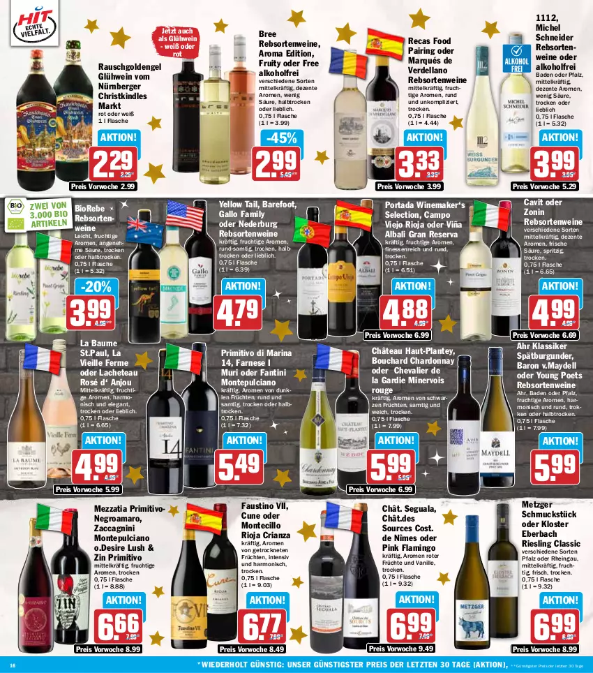 Aktueller Prospekt Hit - Wochenprospekt - von 15.12 bis 20.12.2025 - strona 16 - produkty: ACC, alkohol, amaro, aust, Bad, Bau, Berger, bio, bree, burgunder, campo viejo, chardonnay, dell, eis, Engel, ente, erde, finesse, flasche, frucht, früchte, früchten, gallo, gallo family, Glühwein, Kindle, Kloster Eberbach, Michel Schneider, monte, Montepulciano, nederburg, nürnberger, primitivo, rebsortenweine, reis, Ria, riesling, ring, rioja, rouge, Schmuck, spätburgunder, Ti, vanille, wein, weine, yellow tail, Yo, zonin, ZTE