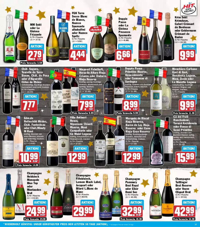 Aktueller Prospekt Hit - Wochenprospekt - von 15.12 bis 20.12.2025 - strona 17 - produkty: alkohol, Bad, beere, beeren, black label, brut, champagne, chia, chianti, de blancs, doppio passo, ecco, eis, elle, finesse, flasche, frizzante, frucht, früchte, früchten, geldermann, La Gioiosa, lack, passo, primitivo, prosecco, puma, reis, rel, Ria, rioja, riserva, saft, sekt, sim, spumante, Ti, zonin, ZTE