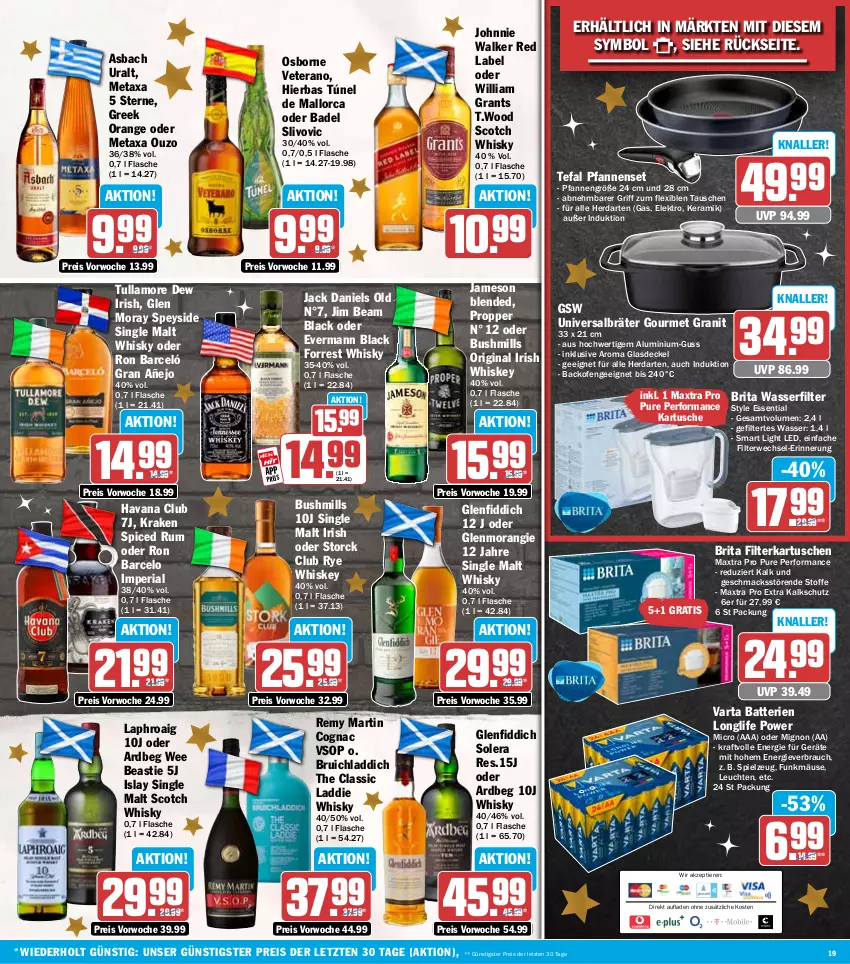 Aktueller Prospekt Hit - Wochenprospekt - von 15.12 bis 20.12.2025 - strona 19 - produkty: Ardbeg, asbach uralt, asti, backofen, Bad, batterie, batterien, brita, Cognac, decke, Deckel, eis, Elektro, filterkartuschen, flasche, gin, Glasdeckel, gsw, Havana Club, herdarten, irish whiskey, islay single malt, jack daniel, jack daniels, jameson, jim beam, johnnie walker, kraft, lack, laphroaig, Leuchte, leuchten, longlife, mac, Maxtra, Metaxa, Ofen, orange, osborne, ouzo, pfanne, pfannen, Rauch, reis, Remy Martin, Ria, rum, rwe, scotch, scotch whisky, single malt, spielzeug, storck, tefal, Ti, Tiere, tullamore, tullamore dew, varta, veterano, wasser, wasserfilter, whiskey, whisky, ZTE