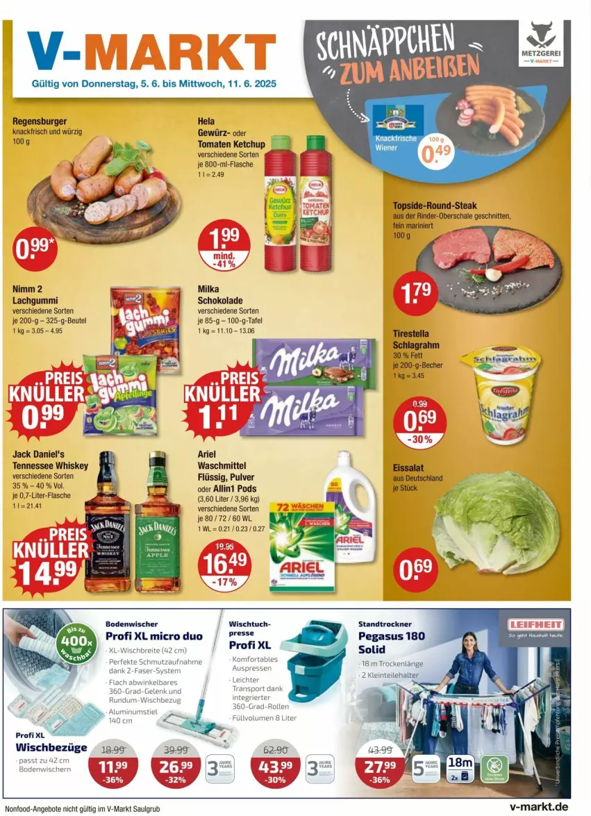 Aktueller Prospekt Vmarkt - Prospekte - von 05.06 bis 11.06.2025 - strona 1 - produkty: angebot, angebote, ariel, asus, beutel, bodenwischer, Brei, burger, flasche, gewürz, Hela, jack daniel, jack daniel's, ketchup, lachgummi, LG, milka, Nimm 2, Pods, regensburger, rind, rinder, Schal, Schale, schnitten, schoko, schokolade, Sport, steak, tennessee whiskey, Ti, tomate, tomaten, tomaten ketchup, Trockner, tuc, waschmittel, whiskey