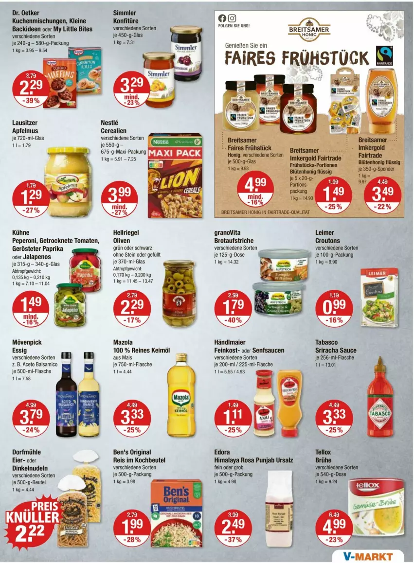 Aktueller Prospekt Vmarkt - Prospekte - von 05.06 bis 11.06.2025 - strona 7 - produkty: aceto, aceto balsamico, apfel, apfelmus, aufstrich, balsam, balsamico, beutel, bites, Blüte, blütenhonig, Brei, brot, brotaufstrich, brotaufstriche, cerealien, croutons, Dr. Oetker, eier, eimer, eis, essig, feinkost, flasche, Getrocknete Tomaten, gin, honig, keimöl, kochbeutel, konfitüre, kuchen, Kühne, leimer, leine, LG, mais, mazola, mövenpick, nudel, nudeln, olive, oliven, paprika, peperoni, Peroni, reis, riegel, salz, sauce, saucen, senf, sim, Sriracha, tabasco, tomate, tomaten, vita