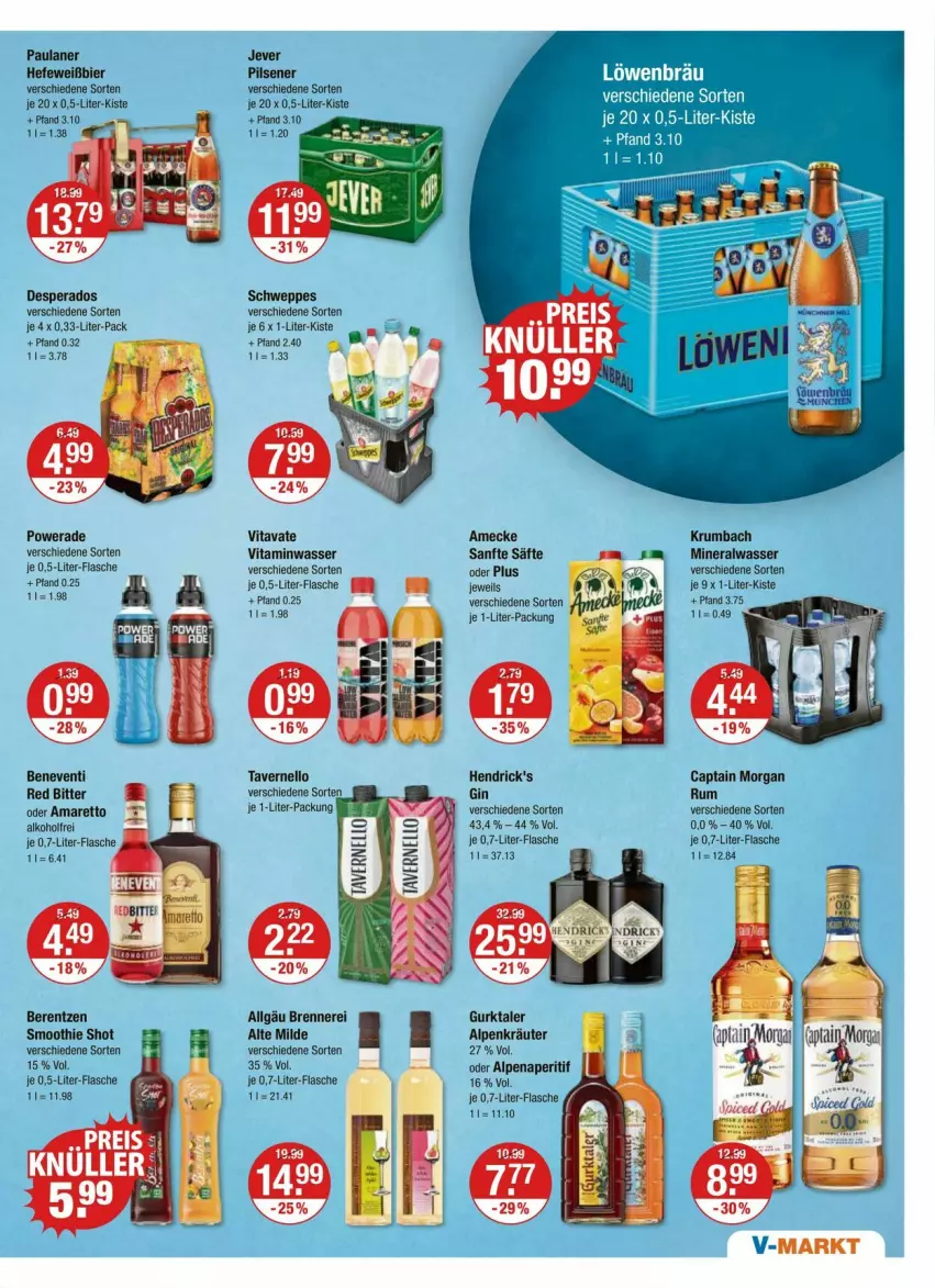 Aktueller Prospekt Vmarkt - Prospekte - von 05.06 bis 11.06.2025 - strona 9 - produkty: alkohol, Alwa, Amaretto, amecke, aperitif, berentzen, bier, Cap, captain morgan, desperados, flasche, gin, Gurktaler, Hefe, jever, kräuter, krumbach, LG, mineralwasser, Paula, paulaner, pils, pilsener, rum, säfte, schweppes, smoothie, Ti, vernel, vita, wasser