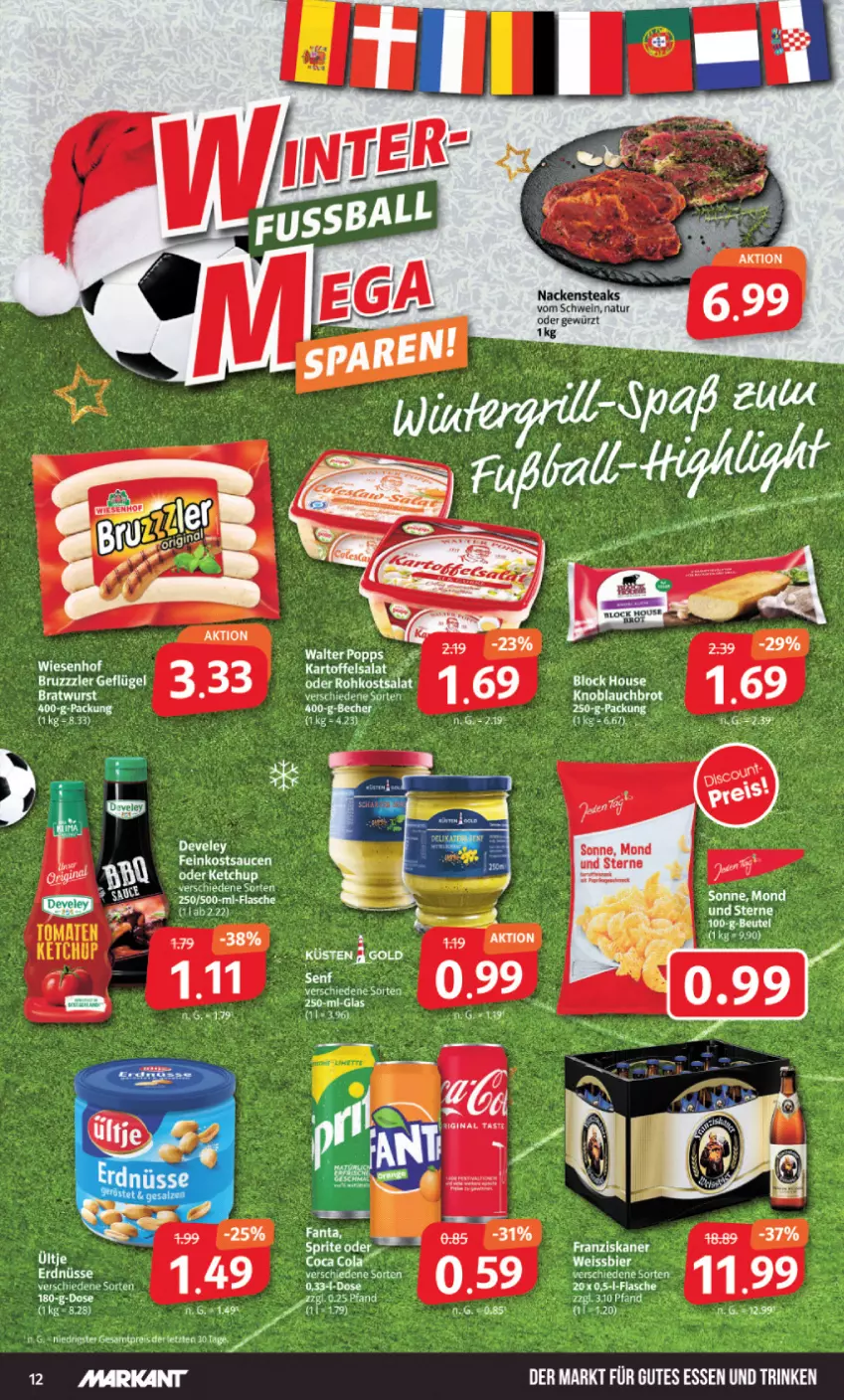 Aktueller Prospekt Markant - Prospekte - von 05.12 bis 10.12.2022 - strona 12 - produkty: bratwurst, brot, bruzzzler, erdnüsse, feinkost, franziskaner, Geflügel, gewürz, gutes essen, kartoffel, kartoffelsalat, knoblauch, Nackensteak, nackensteaks, natur, salat, sauce, saucen, schwein, steak, steaks, Ti, wein, wurst