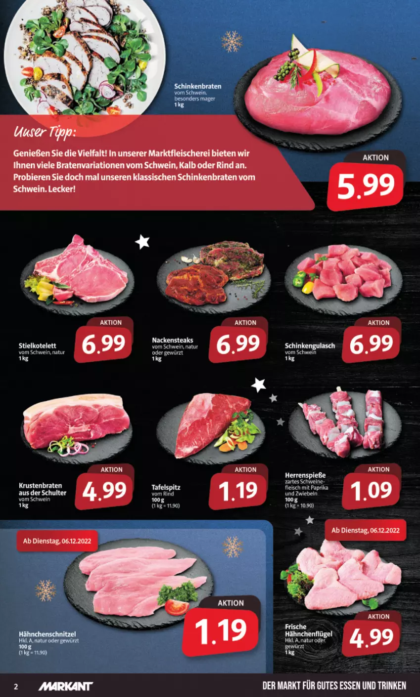 Aktueller Prospekt Markant - Prospekte - von 05.12 bis 10.12.2022 - strona 2 - produkty: bier, Biere, braten, eis, fleisch, Fleischerei, gulasch, gutes essen, hähnchenflügel, Hähnchenschnitzel, krustenbraten, mit paprika, Nackensteak, nackensteaks, natur, paprika, Ria, rind, Schere, schinken, schinkenbraten, schnitzel, schwein, steak, steaks, Ti, wein