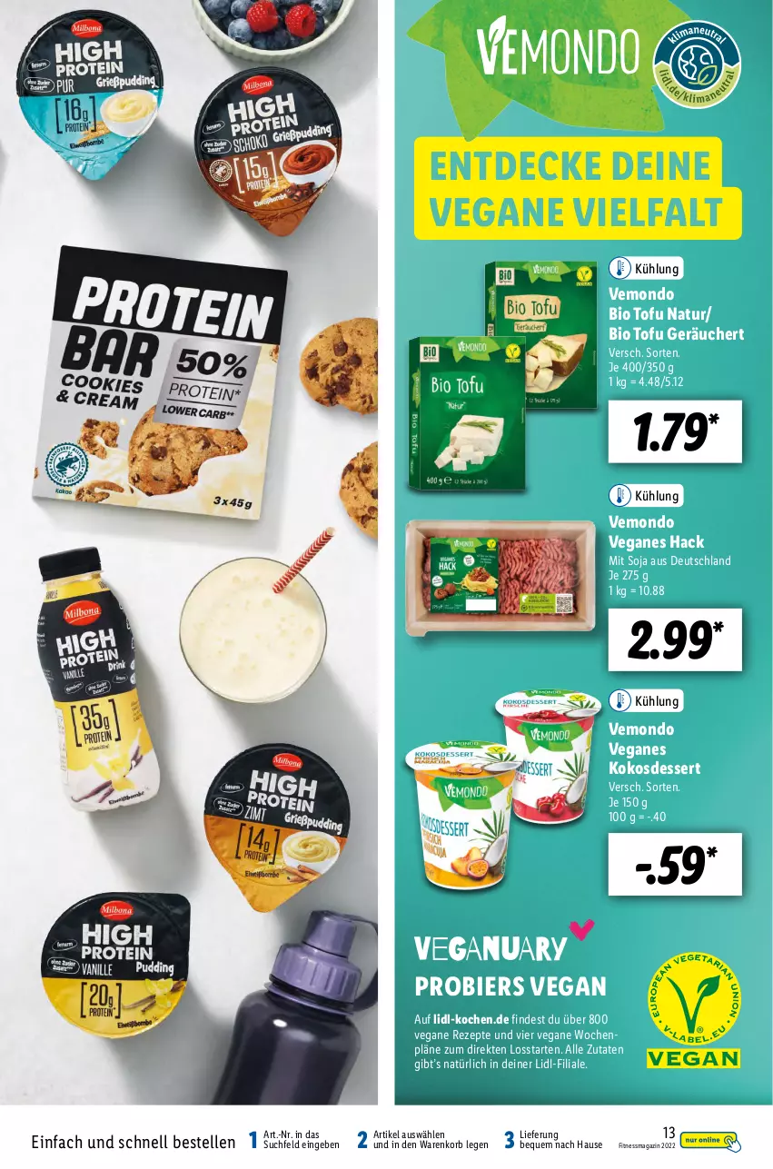 Aktueller Prospekt Lidl - Fitnessmagazin 2022 - von 01.01 bis 31.01.2022 - strona 13 - produkty: bier, bio, decke, dessert, elle, kokos, korb, magazin, natur, rezept, rezepte, soja, Ti, Tofu