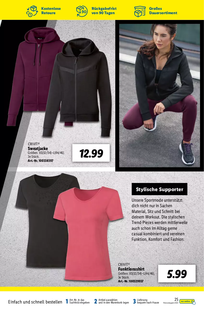 Aktueller Prospekt Lidl - Fitnessmagazin 2022 - von 01.01 bis 31.01.2022 - strona 25 - produkty: auer, crivit, elle, erde, funktionsshirt, Jacke, korb, magazin, Mode, Ria, rwe, sac, shirt, Sport, sweatjacke, Ti