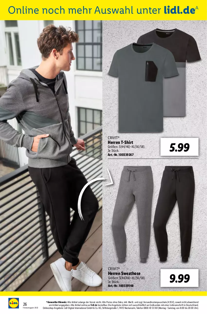 Aktueller Prospekt Lidl - Fitnessmagazin 2022 - von 01.01 bis 31.01.2022 - strona 26 - produkty: angebot, angebote, crivit, eis, elle, hose, magazin, ndk, reis, rel, Schal, Schale, shirt, Sweathose, T-Shirt, telefon, Ti, uhr