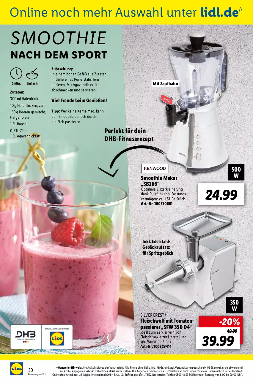 Aktueller Prospekt Lidl - Fitnessmagazin 2022 - von 01.01 bis 31.01.2022 - strona 30 - produkty: agaven, angebot, angebote, beere, beeren, dicksaft, drink, edelstahl, eis, elle, fleisch, hafer, Haferdrink, haferflocken, leine, LG, magazin, ndk, rapsöl, reis, rel, rezept, saft, Schal, Schale, silvercrest, smoothie, Sport, Spritzgebäck, telefon, Ti, tomate, tomaten, uhr, wurst