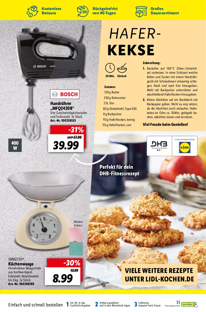 Aktueller Prospekt Lidl - Fitnessmagazin 2022 - von 01.01 bis 31.01.2022 - strona 33 - produkty: auer, backofen, butter, dinkelmehl, edelstahl, eier, elle, ernesto, hafer, haferflocken, keks, kekse, korb, küche, Küchen, Küchenwaage, Laufen, leine, magazin, mehl, Ofen, papier, rezept, rezepte, rohrzucker, Schal, Schale, Schneebesen, schüssel, Ti, Waage, zucker