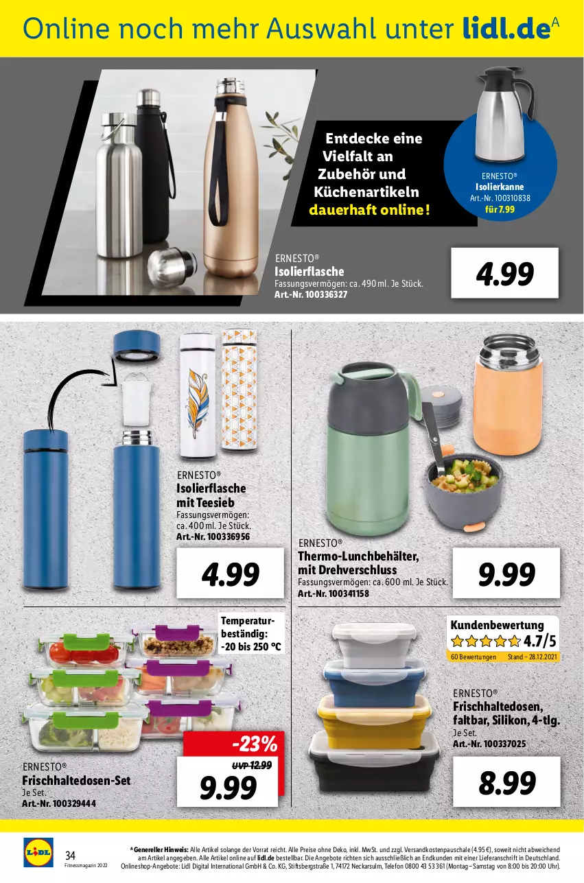 Aktueller Prospekt Lidl - Fitnessmagazin 2022 - von 01.01 bis 31.01.2022 - strona 34 - produkty: angebot, angebote, auer, Behälter, decke, eis, elle, ernesto, flasche, frischhaltedosen, isolierflasche, isolierkanne, küche, Küchen, LG, magazin, ndk, reis, rel, Schal, Schale, tee, telefon, Ti, uhr