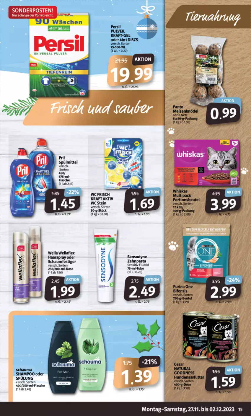 Aktueller Prospekt Markant - Prospekte - von 27.11 bis 02.12.2023 - strona 15 - produkty: beutel, flasche, haarspray, kraft, kräuter, mars, pasta, portionsbeutel, pril, schauma, schaumfestiger, shampoo, spülmittel, spülung, tee, Ti, universal pulver, wc frisch, Wella, wellaflex, whiskas, zahnpasta