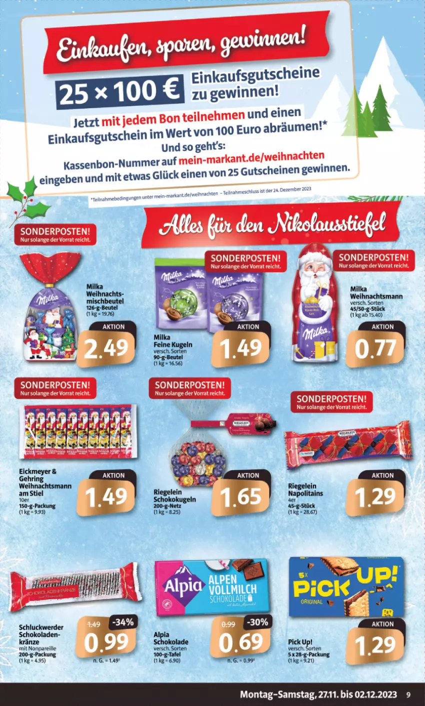 Aktueller Prospekt Markant - Prospekte - von 27.11 bis 02.12.2023 - strona 9 - produkty: beutel, erde, gutschein, gutscheine, Kugel, milka, riegel, ring, schoko, schokolade, schokoladen, sonderposten, Ti, weihnachten