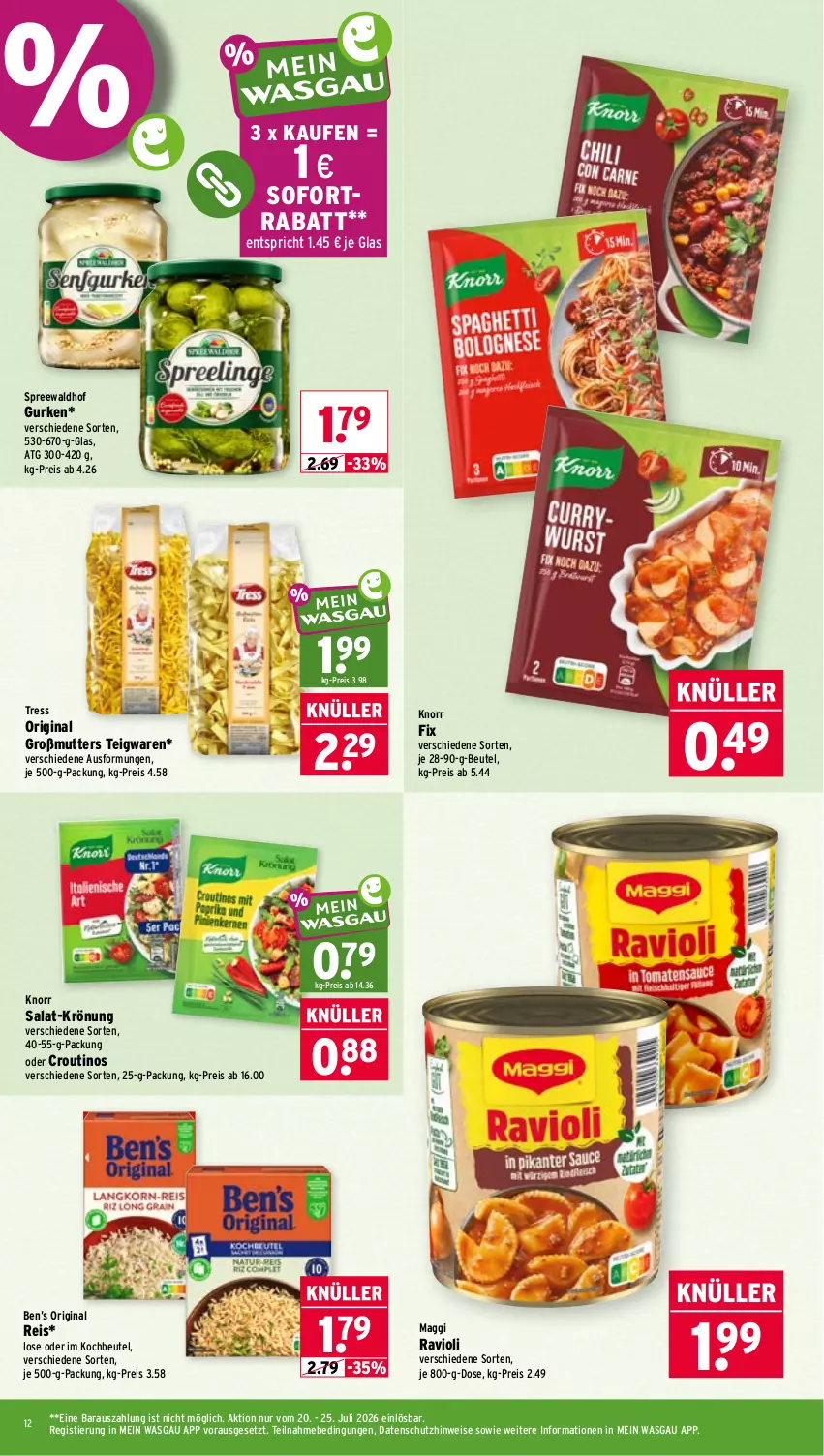 Aktueller Prospekt Wasgau - von 20.07 bis 25.07.2026 - strona 12 - produkty: Ben’s Original, beutel, eis, gin, gurke, gurken, knorr, knorr fix, kochbeutel, maggi, ravioli, reis, salat, sofortrabatt, spreewaldhof, Stier, teigwaren, Ti