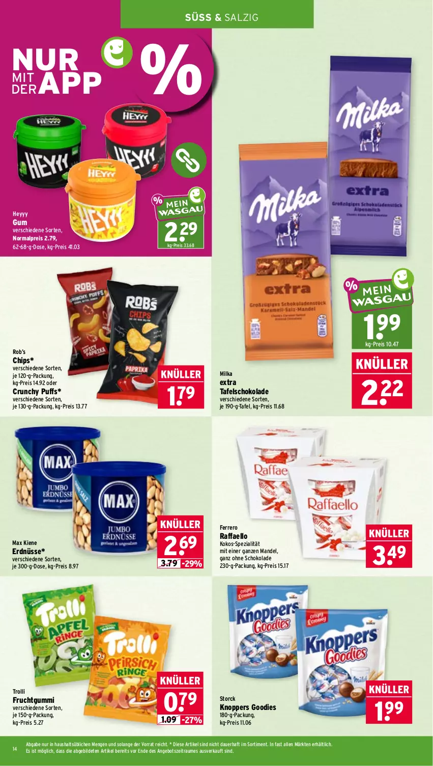 Aktueller Prospekt Wasgau - von 20.07 bis 25.07.2026 - strona 14 - produkty: angebot, auer, chips, eis, erdnüsse, ferrero, frucht, fruchtgummi, knoppers, kokos, mandel, milka, raffaello, reis, salz, schoko, schokolade, Spezi, storck, tafelschokolade, Ti, trolli, trolli fruchtgummi