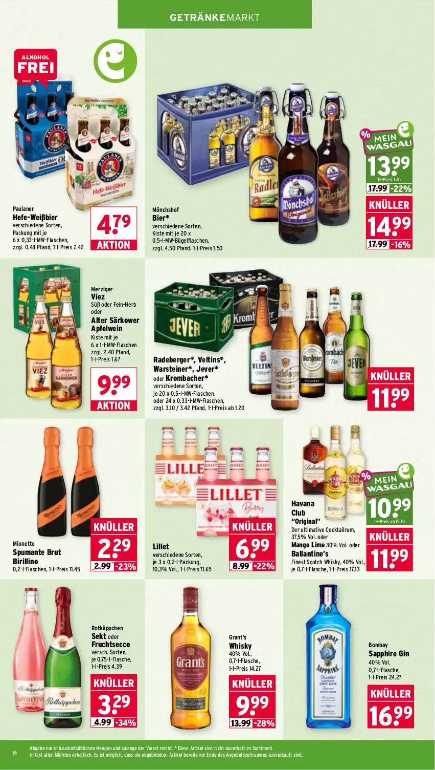 Aktueller Prospekt Wasgau - von 20.07 bis 25.07.2026 - strona 16 - produkty: alkohol, angebot, apfel, apfelwein, auer, ball, Berger, bier, bombay sapphire, brut, bügel, bügelflasche, cocktail, ecco, eis, flasche, frucht, fruchtsecco, getränk, getränke, gin, Havana Club, Hefe, jever, krombache, krombacher, lillet, mango, mionetto, mönchshof, mw-flasche, Paula, paulaner, puma, radeberger, reis, rotkäppchen, rum, sapphire, scotch, scotch whisky, sekt, spumante, steiner, Ti, veltins, warsteiner, wein, whisky