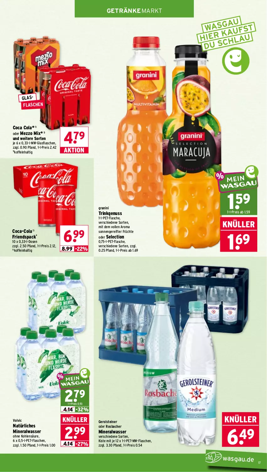 Aktueller Prospekt Wasgau - von 20.07 bis 25.07.2026 - strona 17 - produkty: Alwa, coca-cola, cola, eis, flasche, früchte, gerolsteine, gerolsteiner, getränk, getränke, glasflasche, granini, Mezzo Mix, mineralwasser, mw-flasche, natürliches mineralwasser, nuss, pet-flasche, pet-flaschen, reis, steiner, Ti, volvic, volvic natürliches, wasser