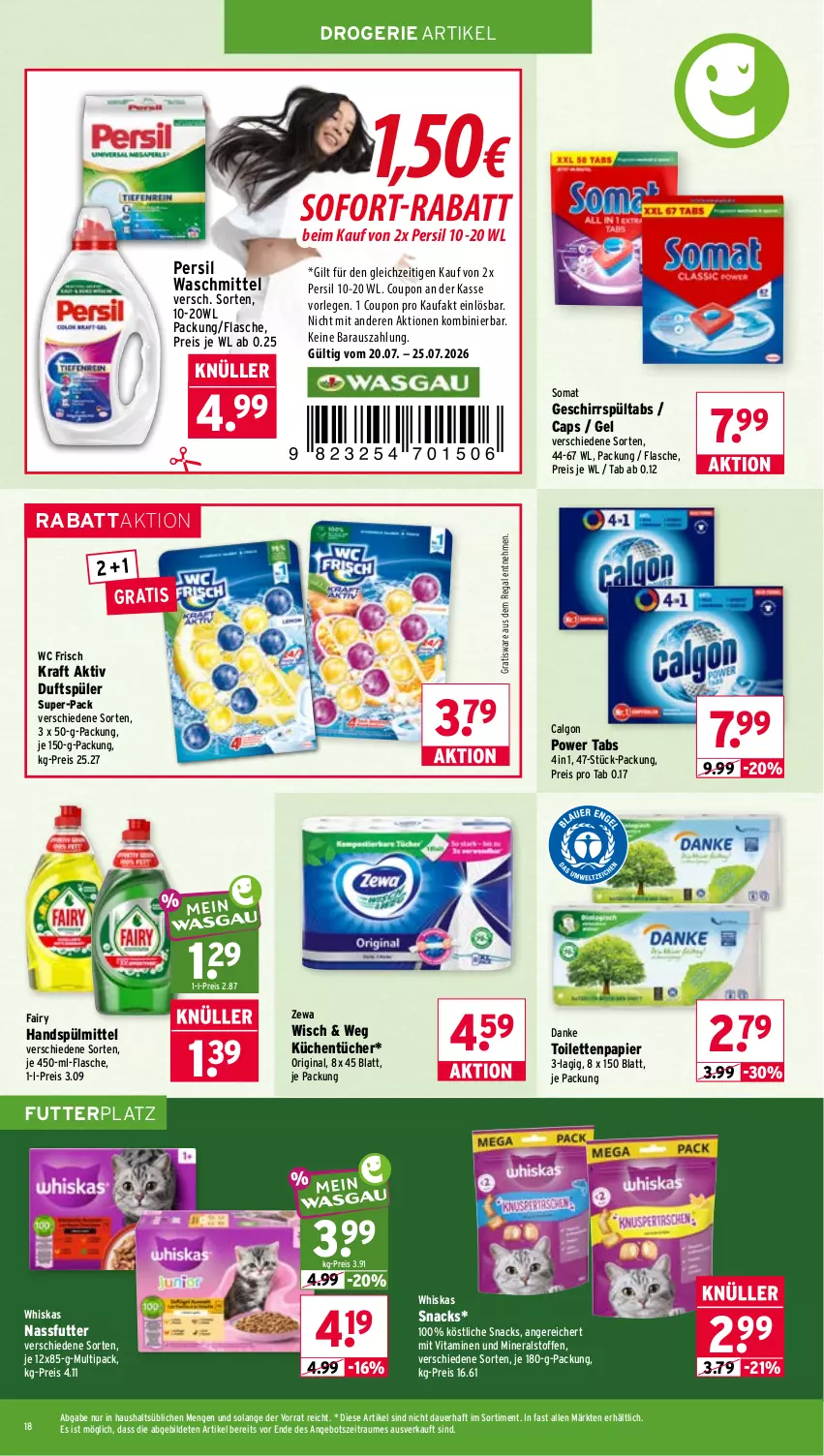 Aktueller Prospekt Wasgau - von 20.07 bis 25.07.2026 - strona 18 - produkty: angebot, auer, calgon, Cap, coupon, drucker, eis, Engel, fairy, flasche, geschirr, gin, kerze, kraft, küche, Küchen, küchentücher, LG, nassfutter, papier, persil, persil waschmittel, regal, reis, snack, snacks, sofort-rabatt, somat, spülmittel, Ti, toilettenpapier, tücher, vita, Vitamine, waschmittel, wc frisch, WC Frisch Kraft Aktiv, whiskas, zewa