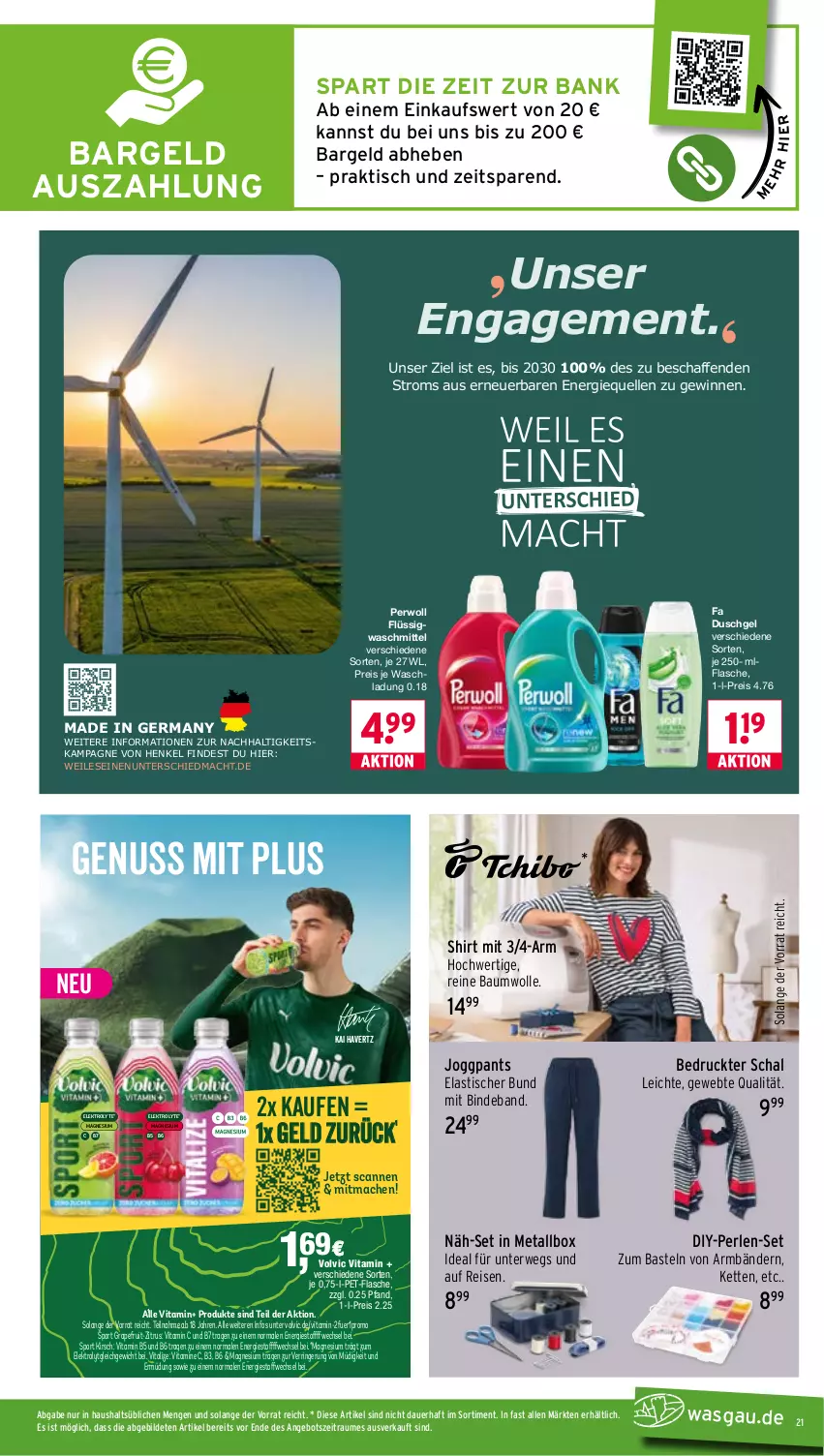 Aktueller Prospekt Wasgau - von 20.07 bis 25.07.2026 - strona 21 - produkty: angebot, asti, auer, Bank, Bau, baumwolle, duschgel, eis, Elektro, elle, fa duschgel, flasche, Germ, grapefruit, henkel, Kette, kirsch, mac, magnesium, nuss, Pants, perlen, perwoll, pet-flasche, reine baumwolle, reis, ring, rwe, Schal, shirt, Sport, Ti, tisch, vita, Vitamin C, Vitamine, volvic, waschmittel, wolle