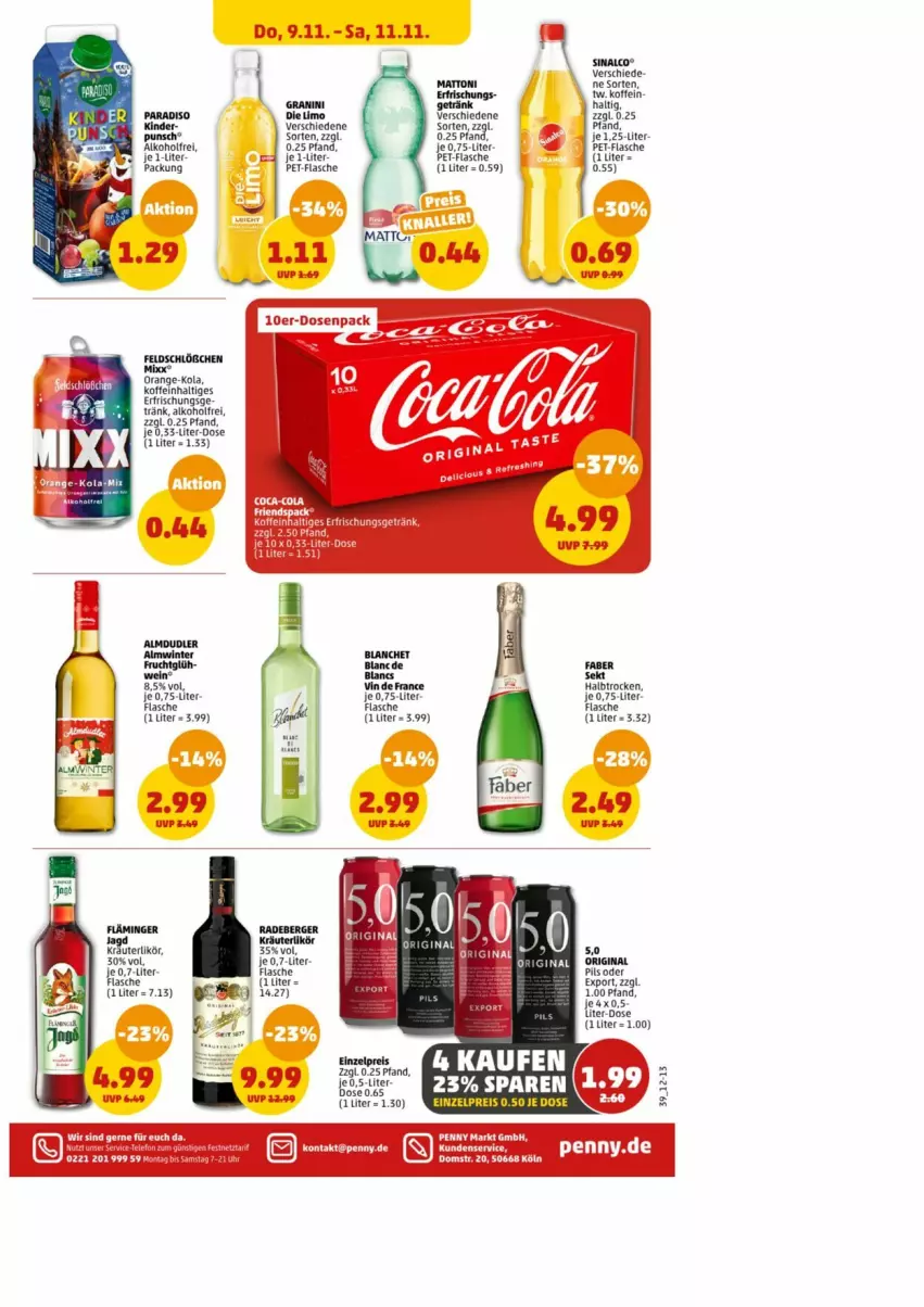 Aktueller Prospekt Penny - Prospekte - von 06.11 bis 11.11.2023 - strona 39 - produkty: alkohol, flasche, frucht, getränk, granini, Kinder, limo, orange, perla, pet-flasche, pils, sinalco, tee, Ti