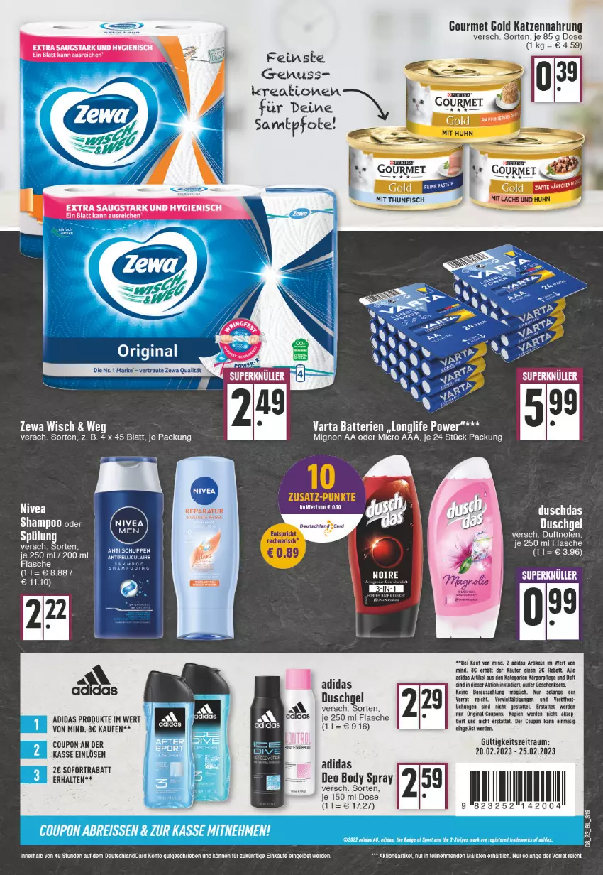 Aktueller Prospekt Edeka - Angebote der Woche - von 20.02 bis 25.02.2023 - strona 19 - produkty: Adidas, batterie, batterien, body, coupon, coupons, deo, duschdas, duschgel, ente, erde, flasche, geschenkset, gin, gourmet gold, katzennahrung, körperpflege, longlife, nivea, nuss, shampoo, sofortrabatt, tee, Ti, varta