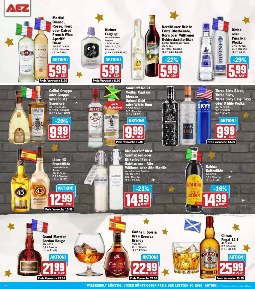 Aktueller Prospekt Aez - Prospekte - von 09.12 bis 14.12.2024 - strona 18 - produkty: alkohol, aperitif, arlo, Cap, captain morgan, chia, eis, flasche, frucht, grappa, kaffee, kleiner feigling, korn, kräuter, kräuterlikör, lack, leine, licor, licor 43, likör, martini, obst, puschkin wodka, regal, reis, rouge, rum, skyy, smirnoff, spirituosen, Three Sixty, Ti, vodka, white rum, wilthener, wodka, ZTE