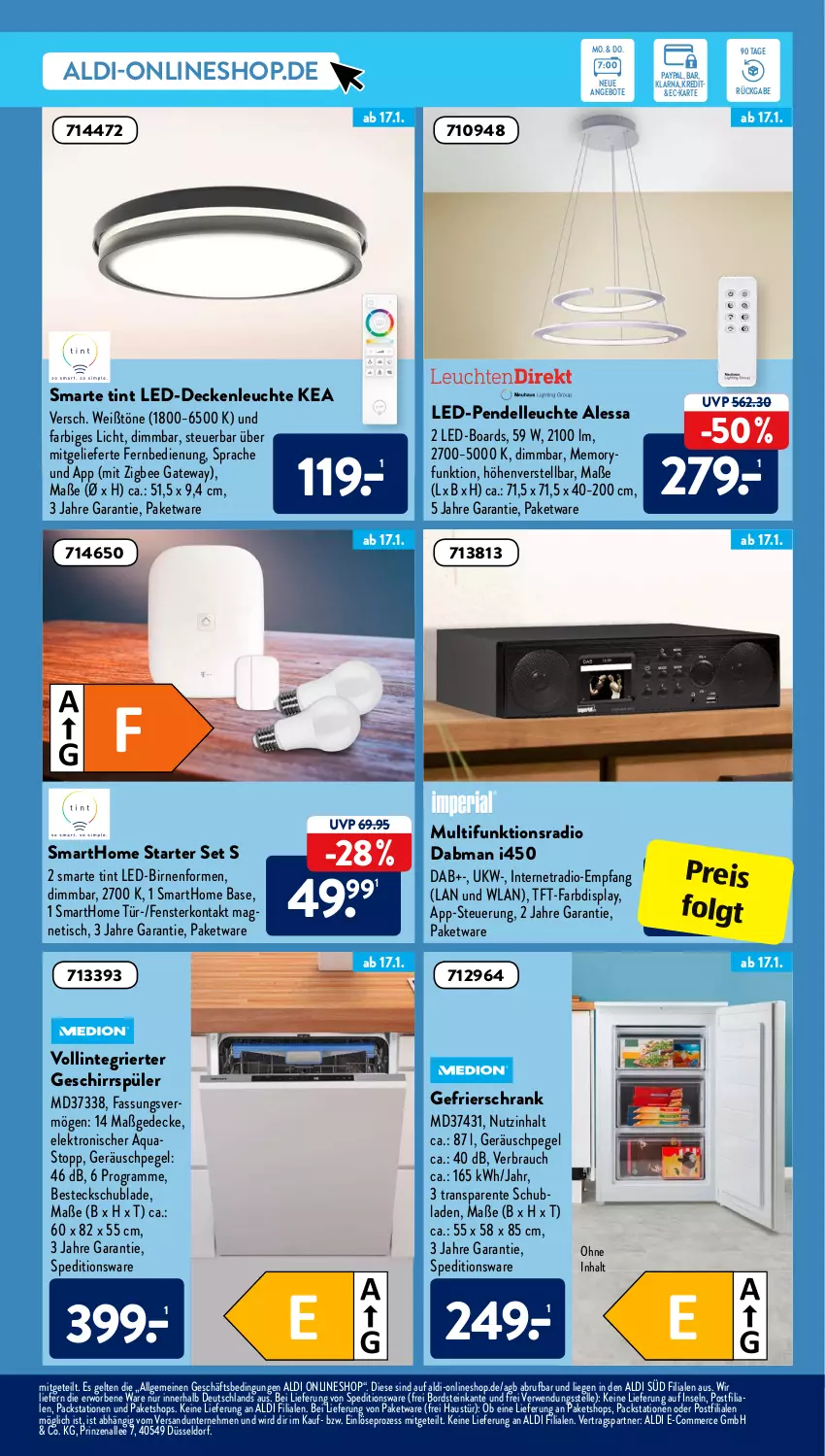 Aktueller Prospekt AldiSud - ALDI Aktuell - von 17.01 bis 22.01.2022 - strona 11 - produkty: aldi, angebot, angebote, aqua, aquastop, aust, besteck, Birnen, decke, deckenleuchte, dell, eis, Elektro, elle, ente, fenster, fernbedienung, gefrierschrank, geschirr, geschirrspüler, HP, led-deckenleuchte, Leuchte, LG, Liege, Pendelleuchte, Radio, Rauch, reis, rwe, Schrank, schubladen, Ti, tisch