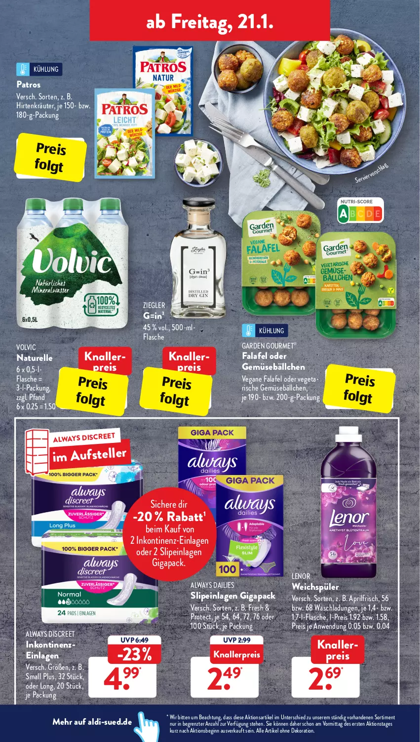 Aktueller Prospekt AldiSud - ALDI Aktuell - von 17.01 bis 22.01.2022 - strona 24 - produkty: aldi, alle artikel ohne dekoration, Alwa, Always, dailies, dekoration, Discreet, eis, elle, Falafel, flasche, garden gourmet, gin, knallerpreis, kräuter, lenor, LG, natur, patros, pril, reis, rel, slip, slipeinlagen, teller, Ti, Vegeta, volvic, weichspüler, ZTE