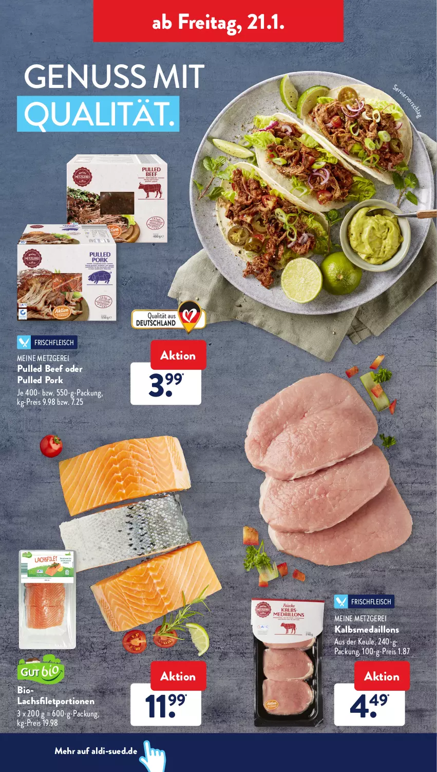 Aktueller Prospekt AldiSud - ALDI Aktuell - von 17.01 bis 22.01.2022 - strona 26 - produkty: aldi, beef, bio, eis, filet, fleisch, Kalbsmedaillons, lachs, lachsfilet, medaillons, nuss, Pulled Pork, reis, Ti