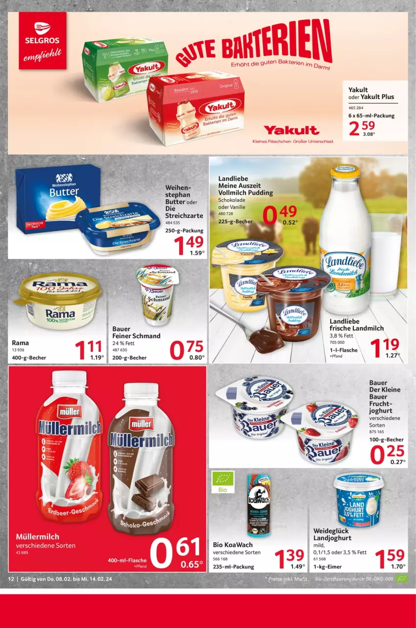 Aktueller Prospekt Selgros - Food - von 08.02 bis 14.02.2024 - strona 12 - produkty: auer, Bau, Bauer, Becher, bio, butter, eimer, flasche, frucht, joghur, joghurt, landjoghurt, landliebe, landmilch, leine, milch, pudding, rama, schmand, schoko, schokolade, Streichzart, Ti, vanille, vollmilch, wiener