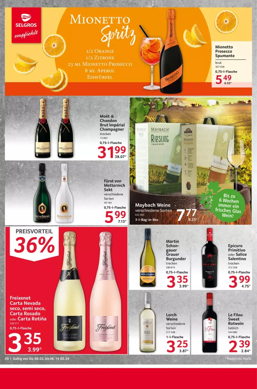 Aktueller Prospekt Selgros - Food - von 08.02 bis 14.02.2024 - strona 20 - produkty: ACC, auer, bag-in-box, brut, burgunder, champagne, champagner, ecco, eis, flasche, fürst von metternich, grauer burgunder, maybach, Mett, metternich, mionetto, preisvorteil, primitivo, prosecco, puma, reis, Ria, rotwein, sekt, spumante, Ti, wein, weine