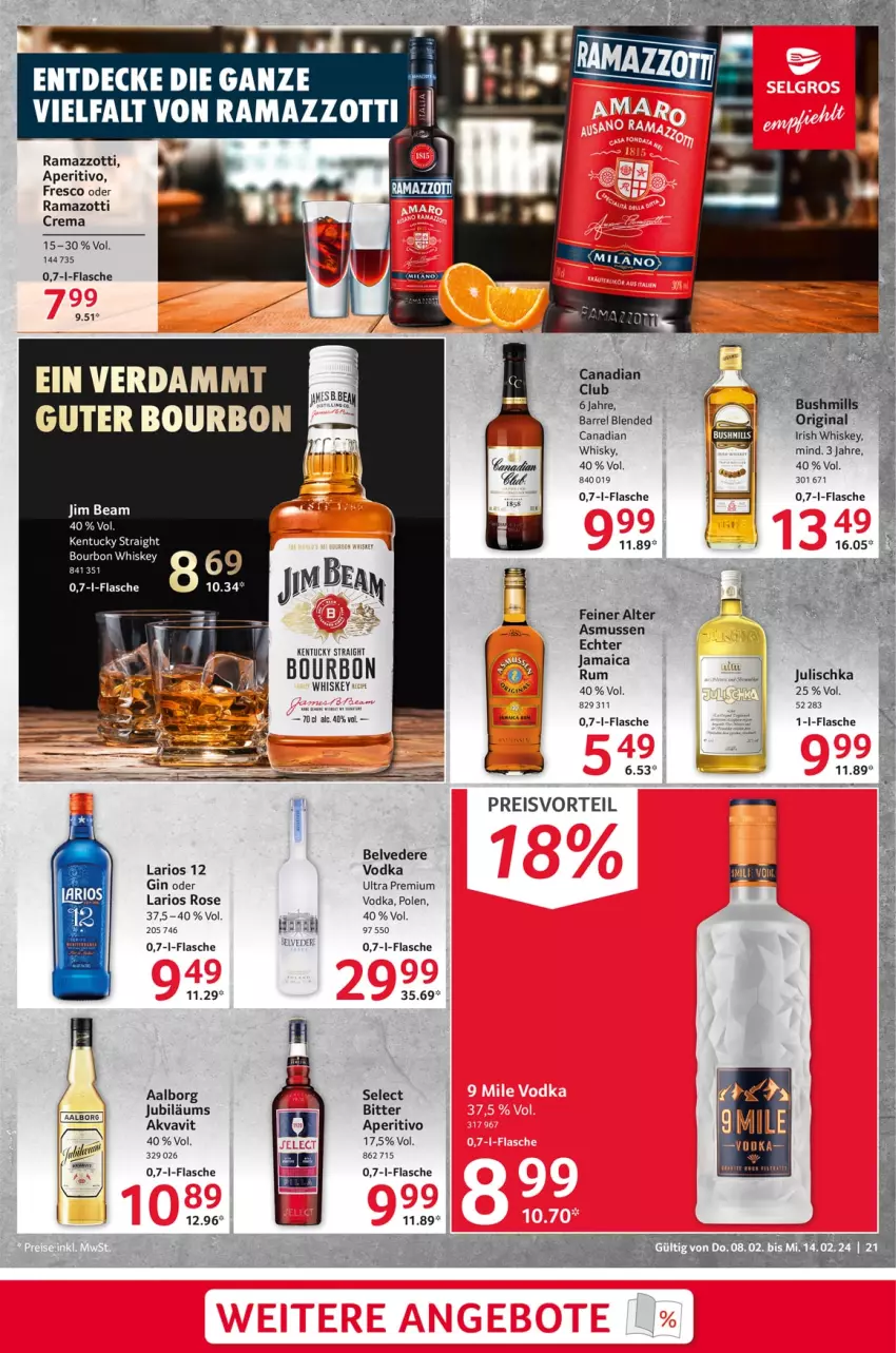 Aktueller Prospekt Selgros - Food - von 08.02 bis 14.02.2024 - strona 21 - produkty: Aalborg, bourbon, decke, eis, flasche, gin, irish whiskey, jim beam, Jubiläums, Julischka, kentucky straight, preisvorteil, rama, ramazzott, ramazzotti, reis, rum, tee, Ti, tuc, uhr, vodka, whiskey, whisky, zott