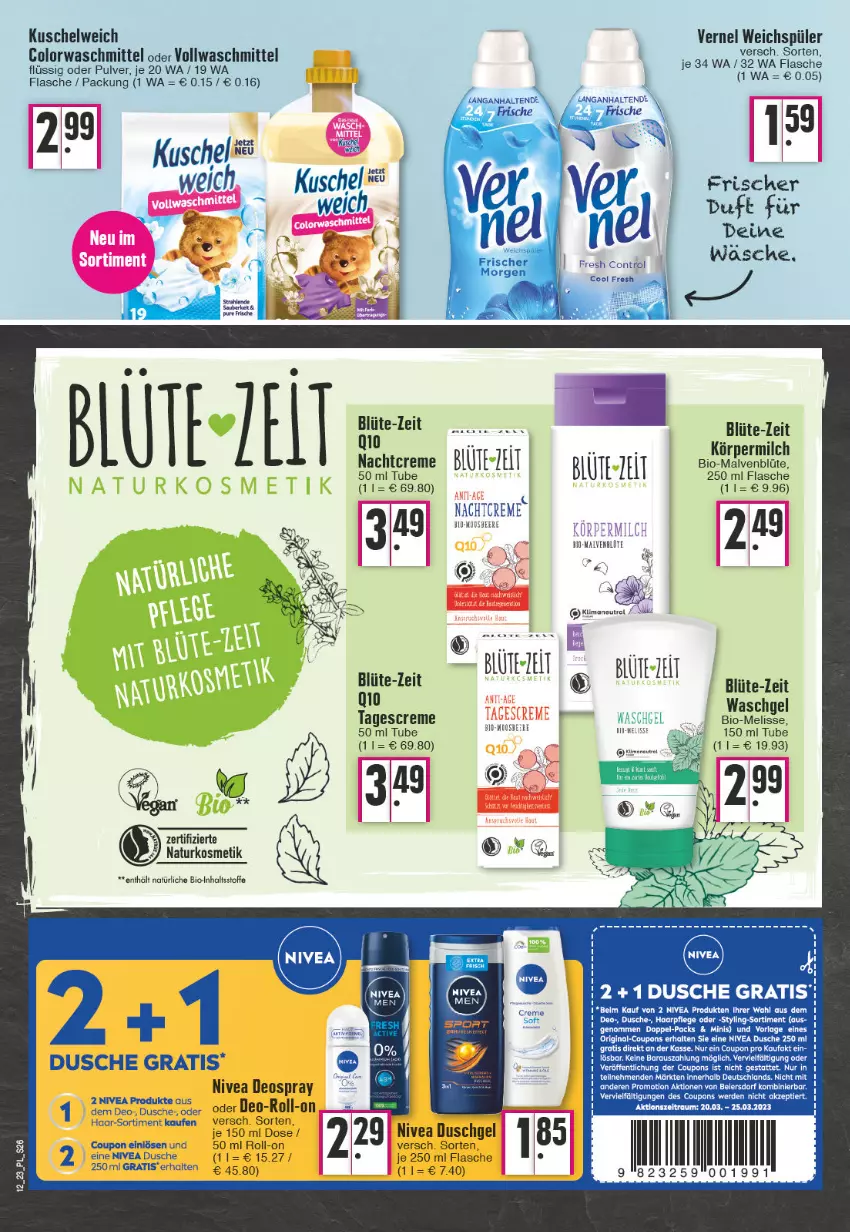 Aktueller Prospekt E Center - Angebote der Woche - von 20.03 bis 25.03.2023 - strona 26 - produkty: beere, bio, Blüte, colorwaschmittel, coupon, coupons, creme, deo, deospray, dusche, duschgel, eier, flasche, gin, haarpflege, Kuschelweich, milch, nachtcreme, nivea, roll-on, tagescreme, tee, Ti, vernel, vollwaschmittel, waschgel, waschmittel, weichspüler