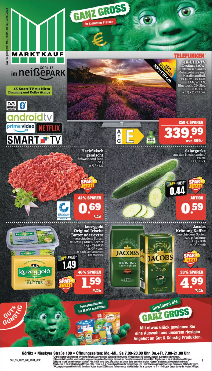 Aktueller Prospekt Marktkauf - Prospekt - von 27.08 bis 02.09.2023 - strona 1 - produkty: aktionspreis, angebot, angebote, beere, beeren, bohne, bohnen, butter, deka, deo, eis, fleisch, gin, gurke, hackfleisch, HDMI, nuss, reis, salat, Salatgurke, tee, Ti, uhr, usb, ZTE