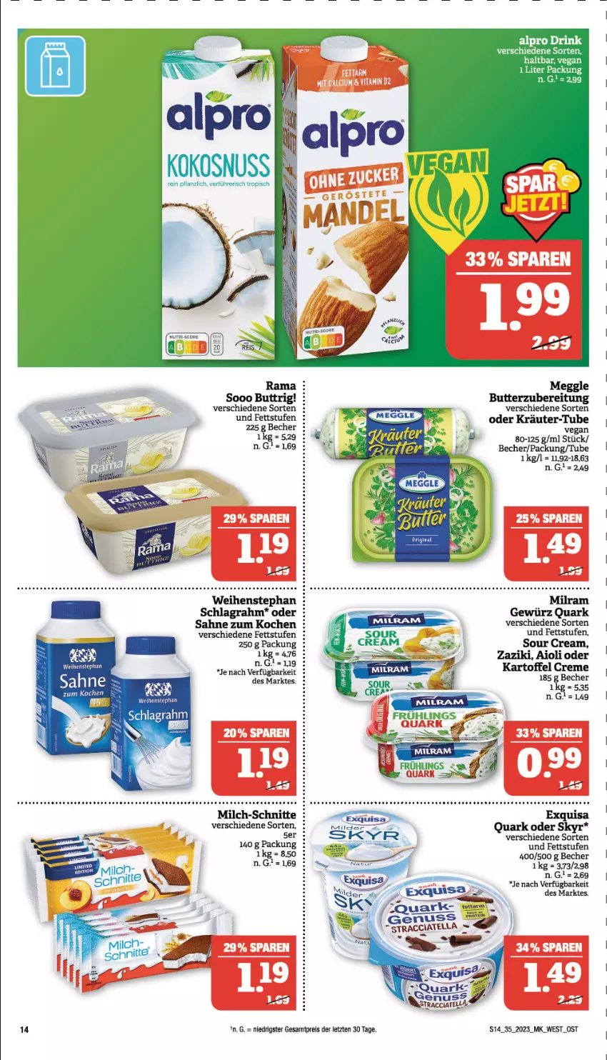 Aktueller Prospekt Marktkauf - Prospekt - von 27.08 bis 02.09.2023 - strona 14 - produkty: ACC, aioli, alpro, Becher, butter, creme, eier, eis, exquisa, gin, kartoffel, kokos, kokosnuss, kräuter, meggle, milch, milch-schnitte, nuss, oder kräuter, quark, rama, reis, sahne, Skyr, sour cream, Ti, weihenstephan, Yo, zaziki, ZTE