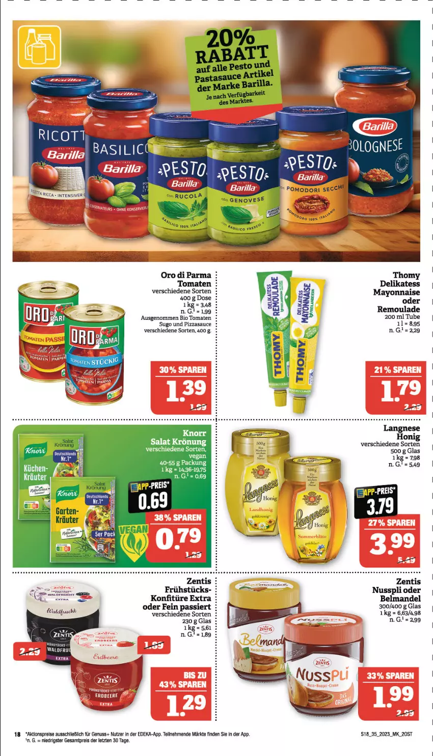 Aktueller Prospekt Marktkauf - Prospekt - von 27.08 bis 02.09.2023 - strona 18 - produkty: aktionspreis, Belmandel, bio, cola, deka, eier, eis, genovese, honig, knorr, konfitüre, konfitüre extra, küche, Küchen, langnese, mandel, mayonnaise, nuss, nusspli, oro di parma, pizza, reis, remoulade, rucola, salat, sauce, Sugo, tee, thomy, Ti, tomate, tomaten, Yo, zentis, ZTE