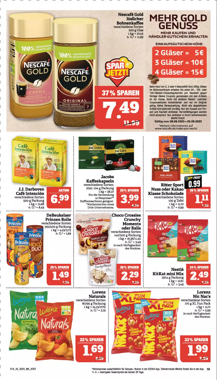 Aktueller Prospekt Marktkauf - Prospekt - von 27.08 bis 02.09.2023 - strona 19 - produkty: aktionspreis, ball, bohne, bohnen, bohnenkaffee, choco crossies, coupon, coupons, crossies, darbo, darboven, debeukelaer, deka, eis, erde, espresso, gin, Gläser, gutschein, jacobs, kaffee, kaffeemaschine, kakao, kitkat, lorenz, löslicher bohnenkaffee, mac, natur, natura, nescafe, nespresso, nic nac's, nuss, prinzen rolle, reis, rwe, schoko, schokolade, Ti, Tiere, Yo, ZTE