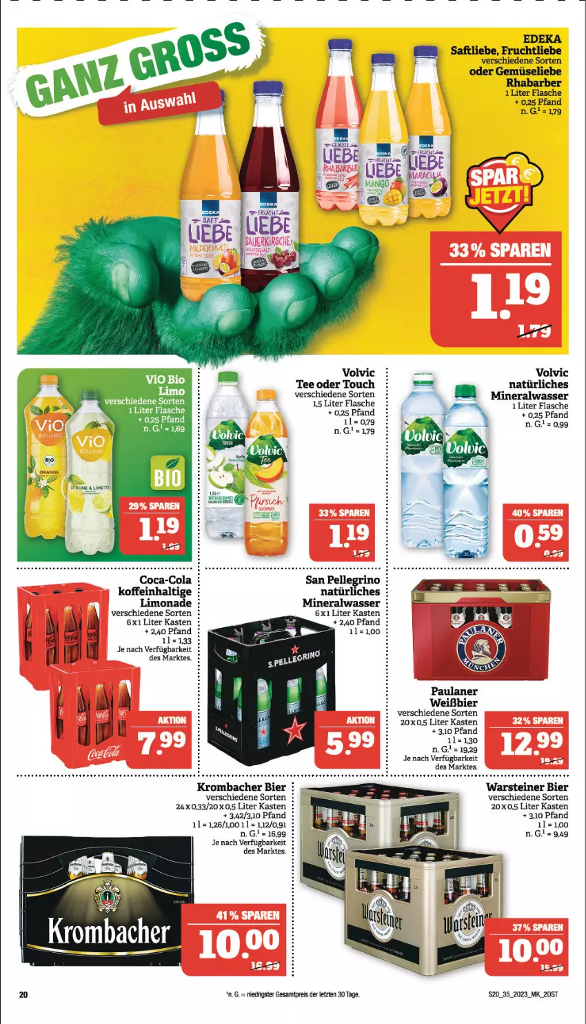 Aktueller Prospekt Marktkauf - Prospekt - von 27.08 bis 02.09.2023 - strona 20 - produkty: Alwa, bier, coca-cola, cola, deka, eis, elle, flasche, frucht, krombache, krombacher, limo, limonade, mineralwasser, Paula, paulaner, reis, saft, san pellegrino, steiner, tee, Ti, volvic, warsteiner, wasser, ZTE