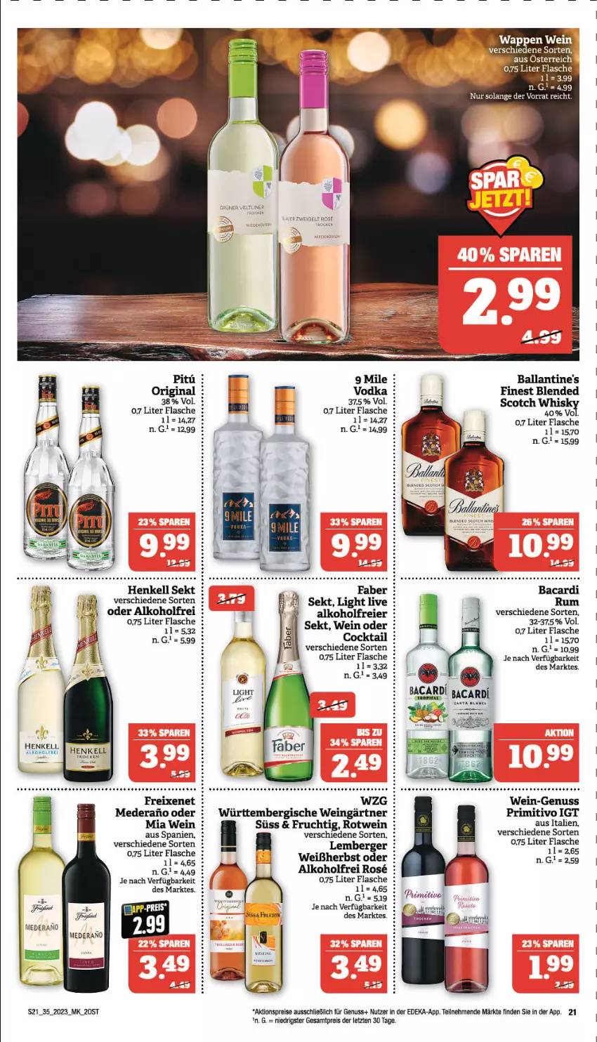 Aktueller Prospekt Marktkauf - Prospekt - von 27.08 bis 02.09.2023 - strona 21 - produkty: aktionspreis, alkohol, bacardi, ball, Ballantine's, Berger, blended scotch, cocktail, deka, eier, eis, flasche, freixenet, frucht, gin, henkel, henkell, henkell sekt, Henkell Trocken, ndk, nuss, primitivo, reis, rotwein, rum, scotch, sekt, tee, Ti, tuner, vodka, wein, ZTE