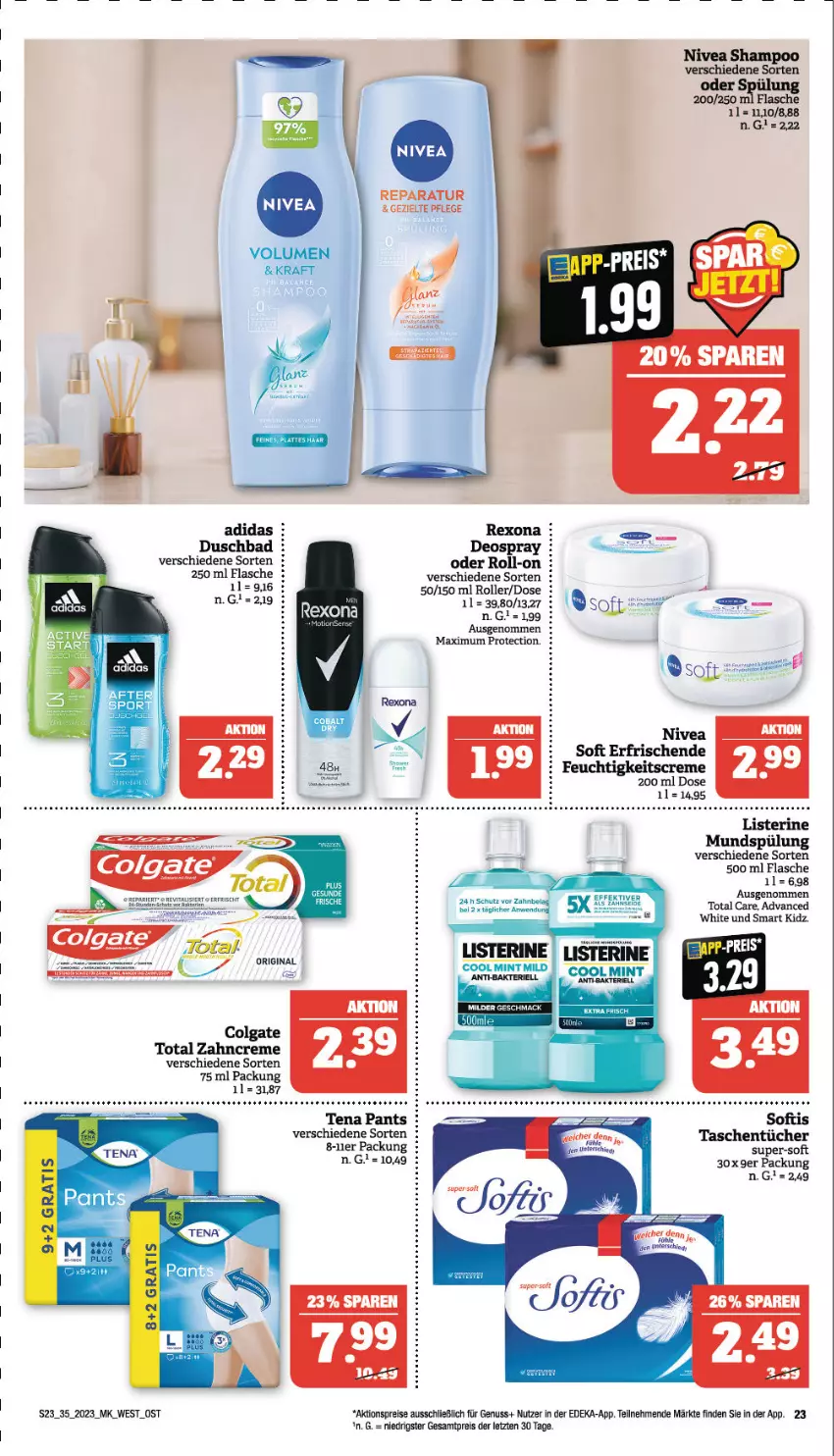 Aktueller Prospekt Marktkauf - Prospekt - von 27.08 bis 02.09.2023 - strona 23 - produkty: Adidas, aktionspreis, Bad, colgate, creme, deka, deo, deospray, duschbad, eis, feuchtigkeitscreme, flasche, kraft, LG, listerine, mundspülung, nivea, nuss, Pants, reis, rexona, roll-on, Roller, shampoo, spülung, Tasche, taschen, taschentücher, Ti, total care, tücher, zahncreme, ZTE