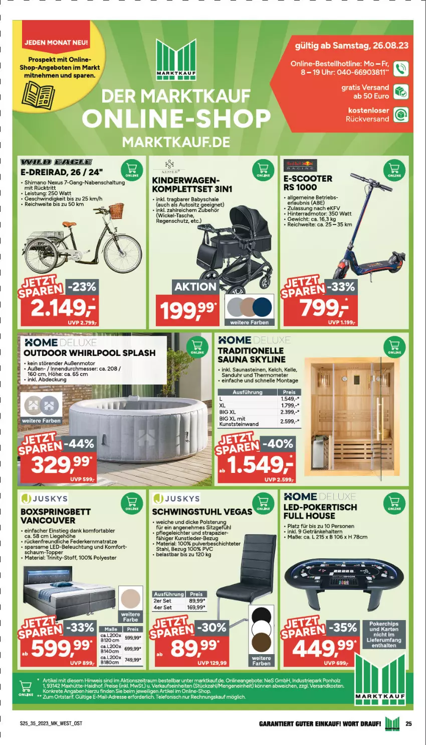 Aktueller Prospekt Marktkauf - Prospekt - von 27.08 bis 02.09.2023 - strona 25 - produkty: angebot, angebote, auto, beleuchtung, bett, boxspringbett, Dreirad, eis, elle, federkern, federkernmatratze, getränk, getränke, getränkehalter, kernmatratze, Kinder, Kinderwagen, led-beleuchtung, LG, Liege, matratze, messer, nexus, pool, Regenschutz, Ria, ring, rum, Schal, Schale, schwingstuhl, scooter, shimano, stuhl, Tasche, tee, thermometer, Ti, tisch, topper, uhr, Whirlpool, WICK