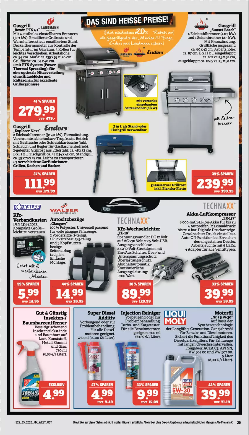 Aktueller Prospekt Marktkauf - Prospekt - von 27.08 bis 02.09.2023 - strona 29 - produkty: adapter, akku, Arbeitsleuchte, auto, Bau, decke, Deckel, Diesel, edelstahl, eis, elle, ente, flasche, garraum, gasflaschen, grill, grillfläche, grillrost, gsw, Kocher, kompressor, kopfstütze, lack, latte, leds, Leuchte, li-ion-akku, longlife, Maske, ndk, reifen, reiniger, reis, rwe, Schal, schlauch, sekt, Sport, standgrill, steckdose, thermometer, Ti, Tiere, tisch, tischgrill, usb, Verbandkasten