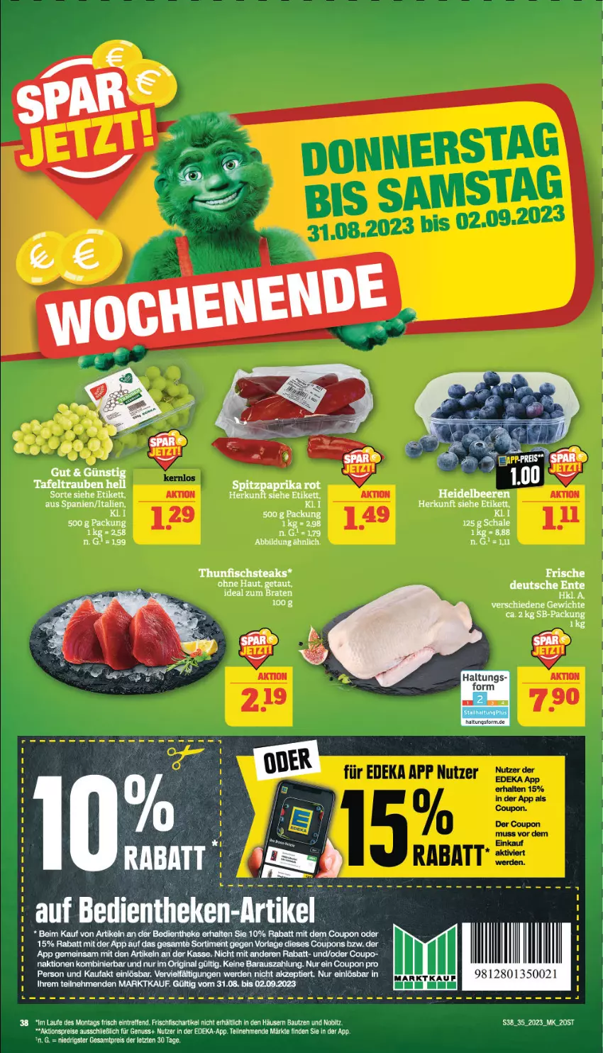 Aktueller Prospekt Marktkauf - Prospekt - von 27.08 bis 02.09.2023 - strona 38 - produkty: aktionspreis, Bau, braten, coupon, coupons, deka, eis, ente, erde, fisch, frischfisch, gin, ideal zum braten, nuss, reis, Schal, Schale, tafeltrauben, tee, Ti, trauben, ZTE