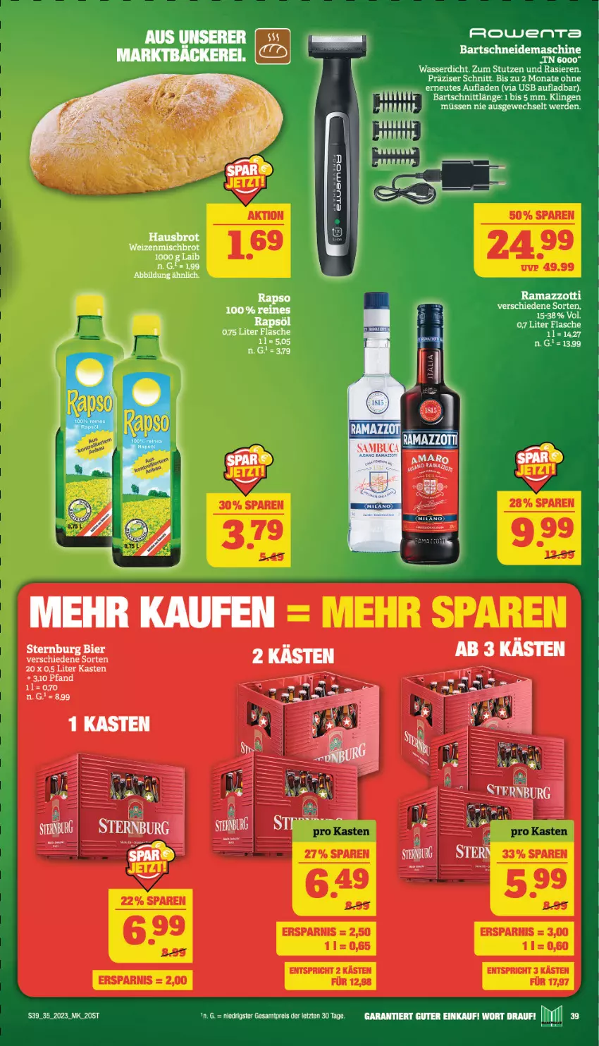 Aktueller Prospekt Marktkauf - Prospekt - von 27.08 bis 02.09.2023 - strona 39 - produkty: bett, brot, erde, flasche, rama, ramazzott, ramazzotti, rapsöl, rowenta, Ti, usb, wasser, weizenmischbrot, zott