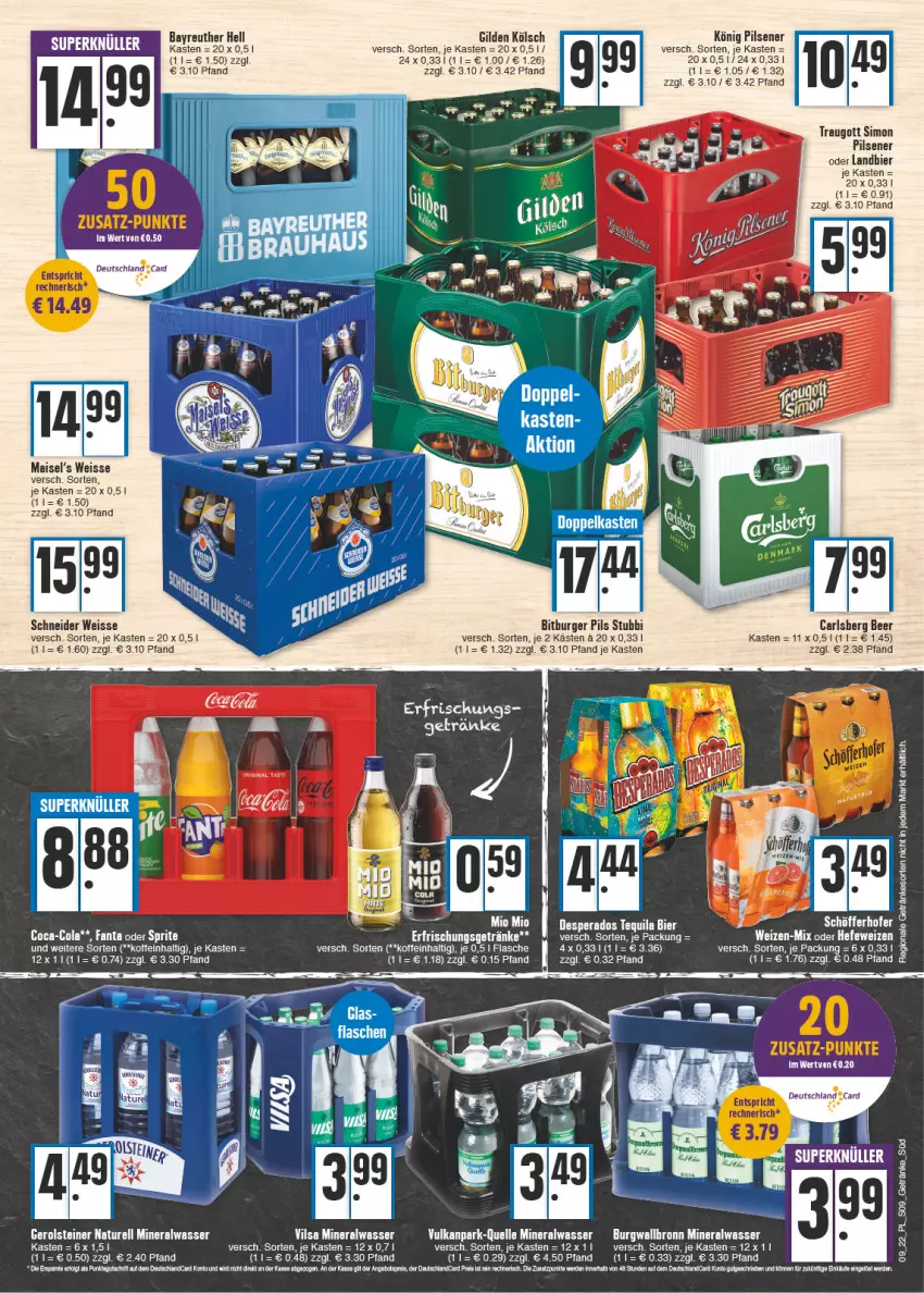 Aktueller Prospekt E Center - Angebote der Woche - von 28.02 bis 05.03.2022 - strona 9 - produkty: Alwa, bier, bitburger, bitburger pils, burger, burgwallbronn, carlsberg, carlsberg beer, coca-cola, cola, desperados, deutschland card, eis, elle, ente, fanta, fanta oder, fanta oder sprite, flasche, gerolsteine, gerolsteiner, getränk, getränke, könig pilsener, mais, mineralwasser, natur, oder sprite, pils, pilsener, rel, sim, sprite, steiner, tee, tequila, Ti, vilsa, wasser