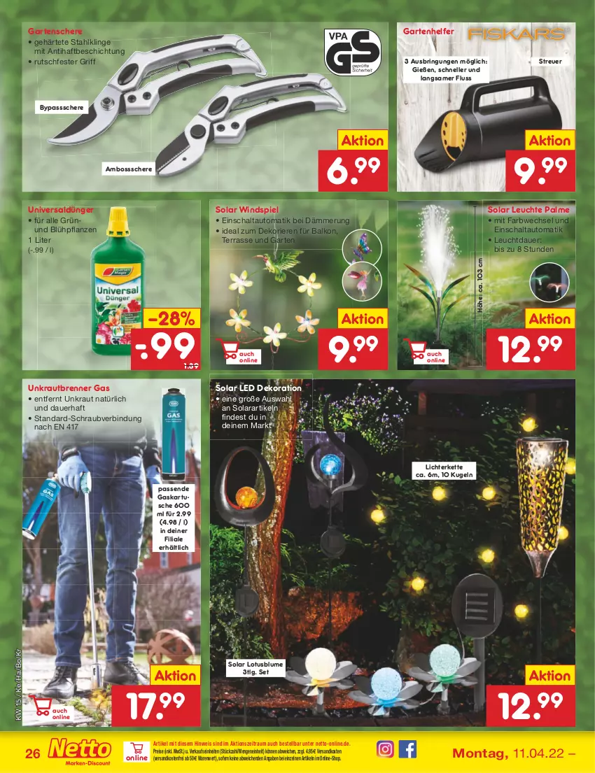 Aktueller Prospekt Netto Marken-Discount - Filial-Angebote - von 11.04 bis 16.04.2022 - strona 26 - produkty: auer, auto, blume, boss, dekoration, dünger, eis, elle, Garten, Gartenschere, HP, Kette, Kraut, Kugel, Leuchte, LG, lichterkette, ndk, pflanze, pflanzen, reis, ring, Schal, Schere, Ti, usb, versandkostenfrei