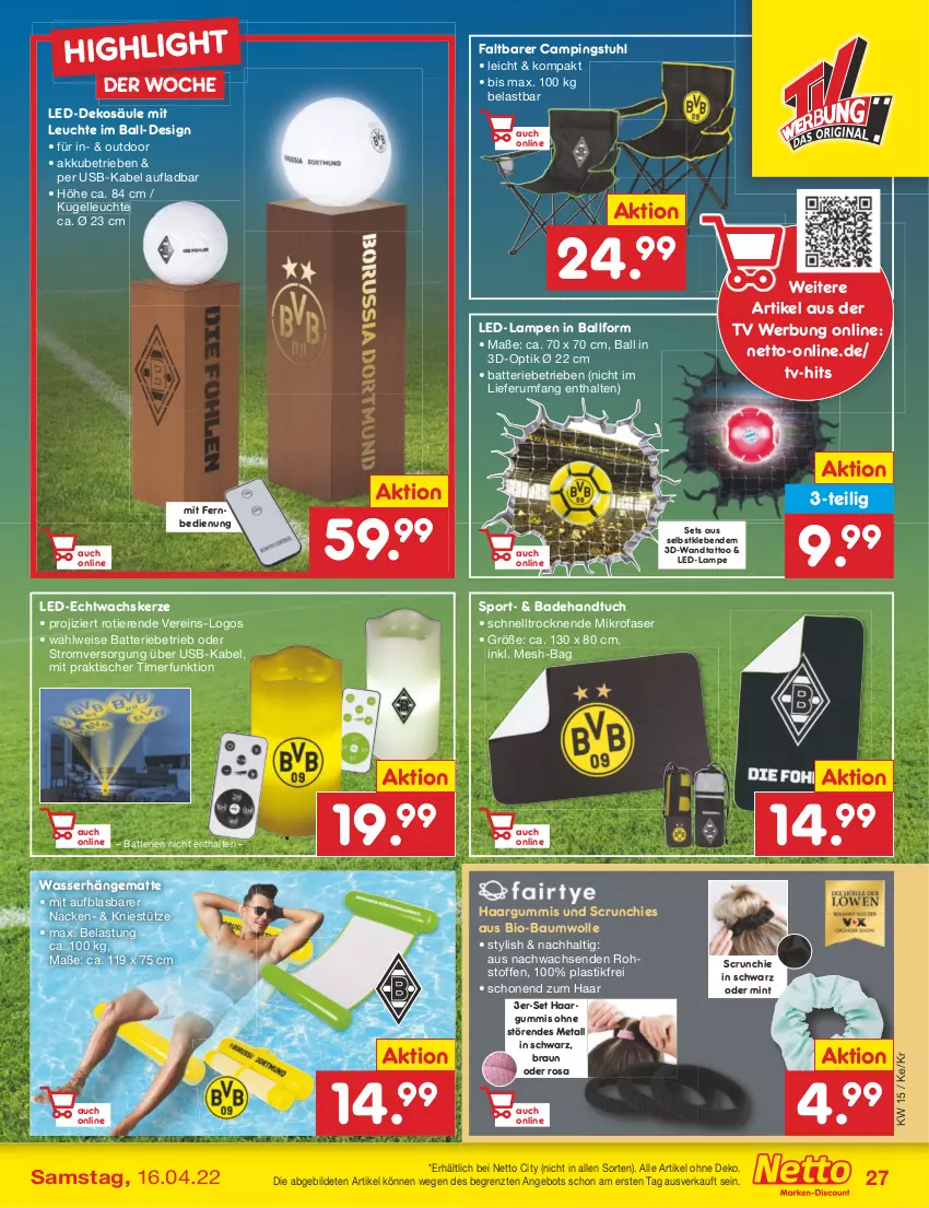 Aktueller Prospekt Netto Marken-Discount - Filial-Angebote - von 11.04 bis 16.04.2022 - strona 27 - produkty: akku, angebot, asti, Bad, Badehandtuch, ball, batterie, batterien, Bau, baumwolle, bio, bio-baumwolle, braun, campingstuhl, eis, elle, fernbedienung, handtuch, hängematte, kerze, Kugel, Lampe, Leuchte, mikrofaser, mint, mit fernbedienung, rum, Sport, stuhl, Ti, Tiere, timer, tisch, tuc, usb, wasser, Wasserhängematte, wolle, ZTE