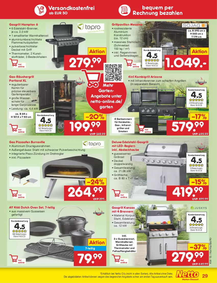 Aktueller Prospekt Netto Marken-Discount - Filial-Angebote - von 11.04 bis 16.04.2022 - strona 29 - produkty: abdeckhaube, angebot, angebote, Behälter, besteck, decke, Deckel, edelstahl, eis, ente, Garten, gasgrill, grill, grillfläche, Grillpavillon, grillrost, Holz, holzkohle, Kamin, lamm, latte, mit thermometer, ndk, Ofen, pavillon, pizza, Pizzaofen, Ria, Schal, Schale, thermometer, Ti, versandkostenfrei, wasser, ZTE