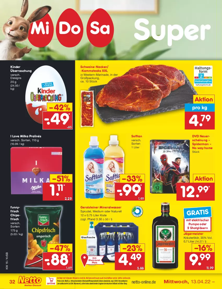 Aktueller Prospekt Netto Marken-Discount - Filial-Angebote - von 11.04 bis 16.04.2022 - strona 32 - produkty: Alwa, chips, chipsfrisch, dvd, eis, flasche, Germ, gerolsteine, gerolsteiner, Gläser, glasflasche, jägermeister, Kinder, kräuter, kräuterlikör, likör, marinade, Meister, milka, mineralwasser, natur, ndk, reis, rel, schwein, schweine, Softlan, Sprudel, steak, steaks, steiner, Ti, versandkostenfrei, wasser, wein, weine, Weste